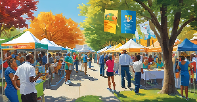 A lively outdoor health fair with diverse community members participating at various booths, receiving health screenings and information under a clear blue sky.