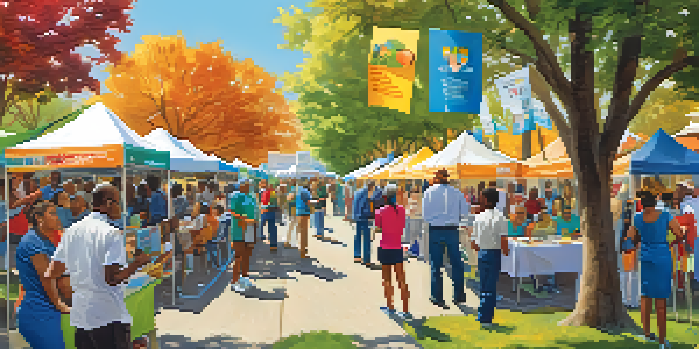A lively outdoor health fair with diverse community members participating at various booths, receiving health screenings and information under a clear blue sky.