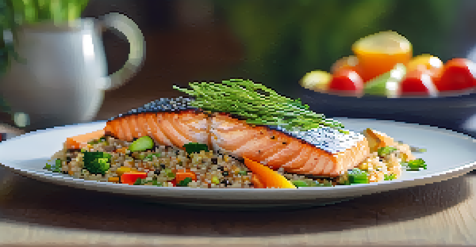 A close-up of a nutritious meal with grilled salmon, quinoa, and colorful vegetables on a plate.