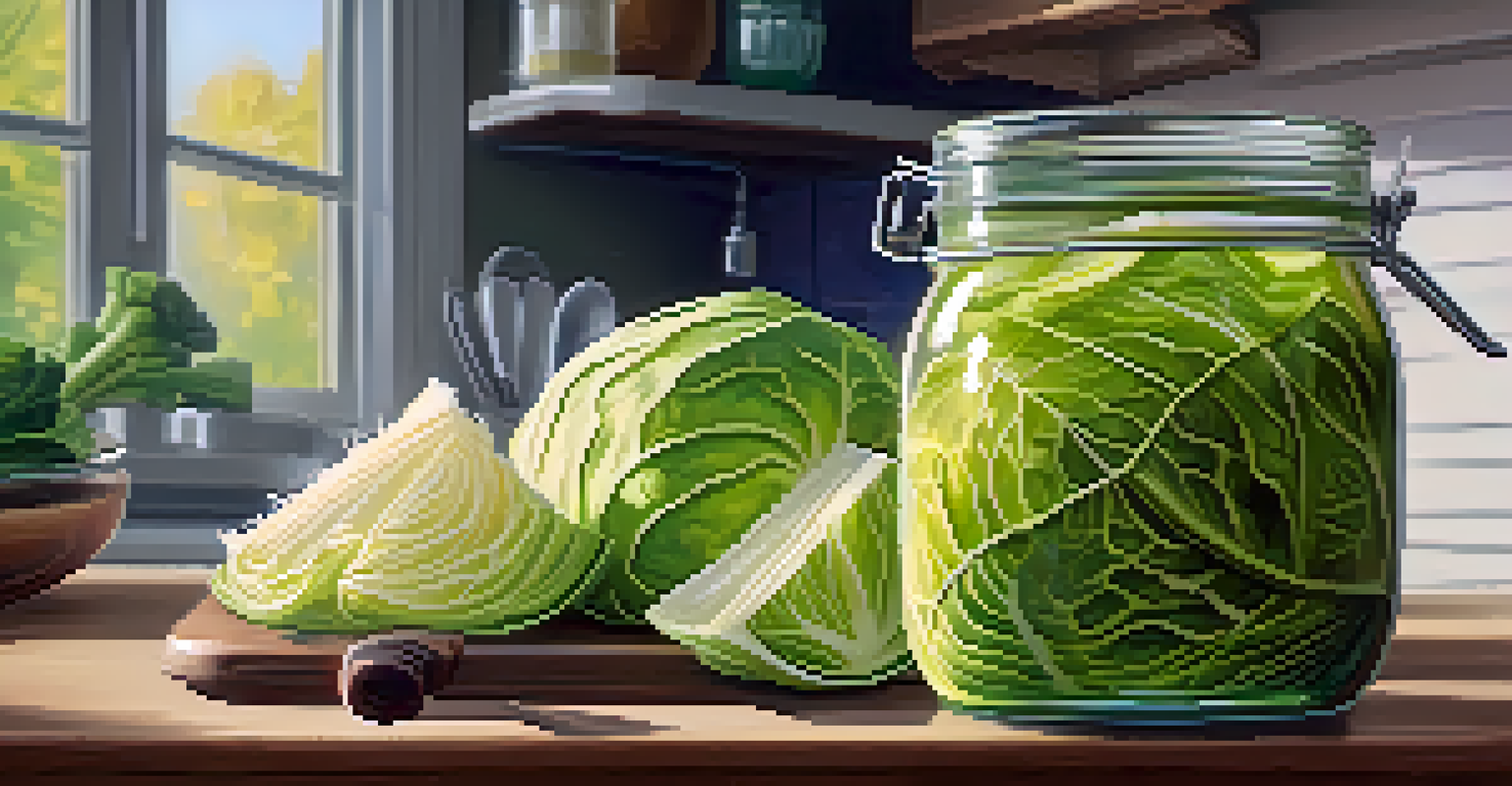 A close-up of homemade sauerkraut in a jar on a kitchen counter, with fresh cabbage leaves in the background.