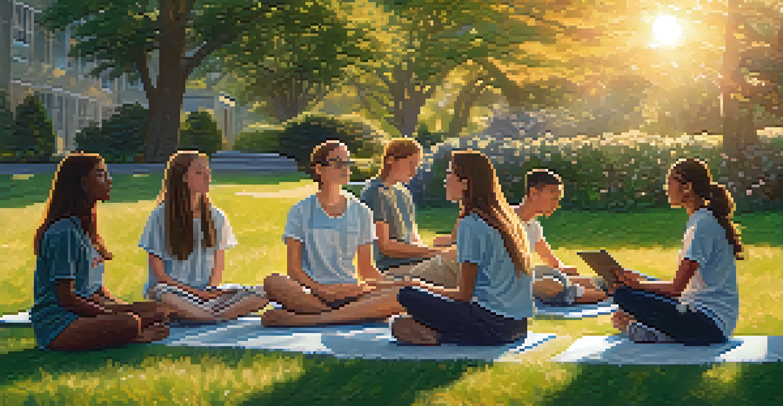STEM students taking a mindful break in a garden during sunset.