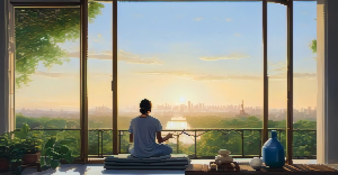 A person meditating on a balcony with greenery and a reusable water bottle, bathed in soft morning light.