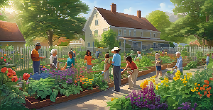 A diverse group of people working together in a colorful community garden, planting seeds under warm sunlight.