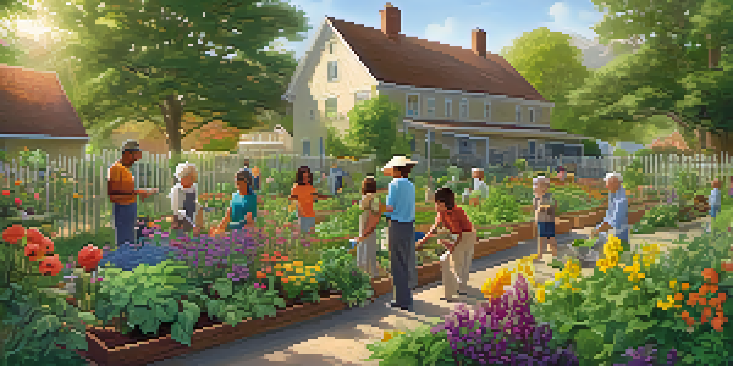 A diverse group of people working together in a colorful community garden, planting seeds under warm sunlight.