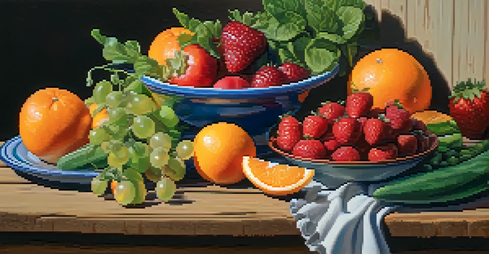 A colorful assortment of fresh fruits and vegetables on a wooden table, illuminated by soft morning light.