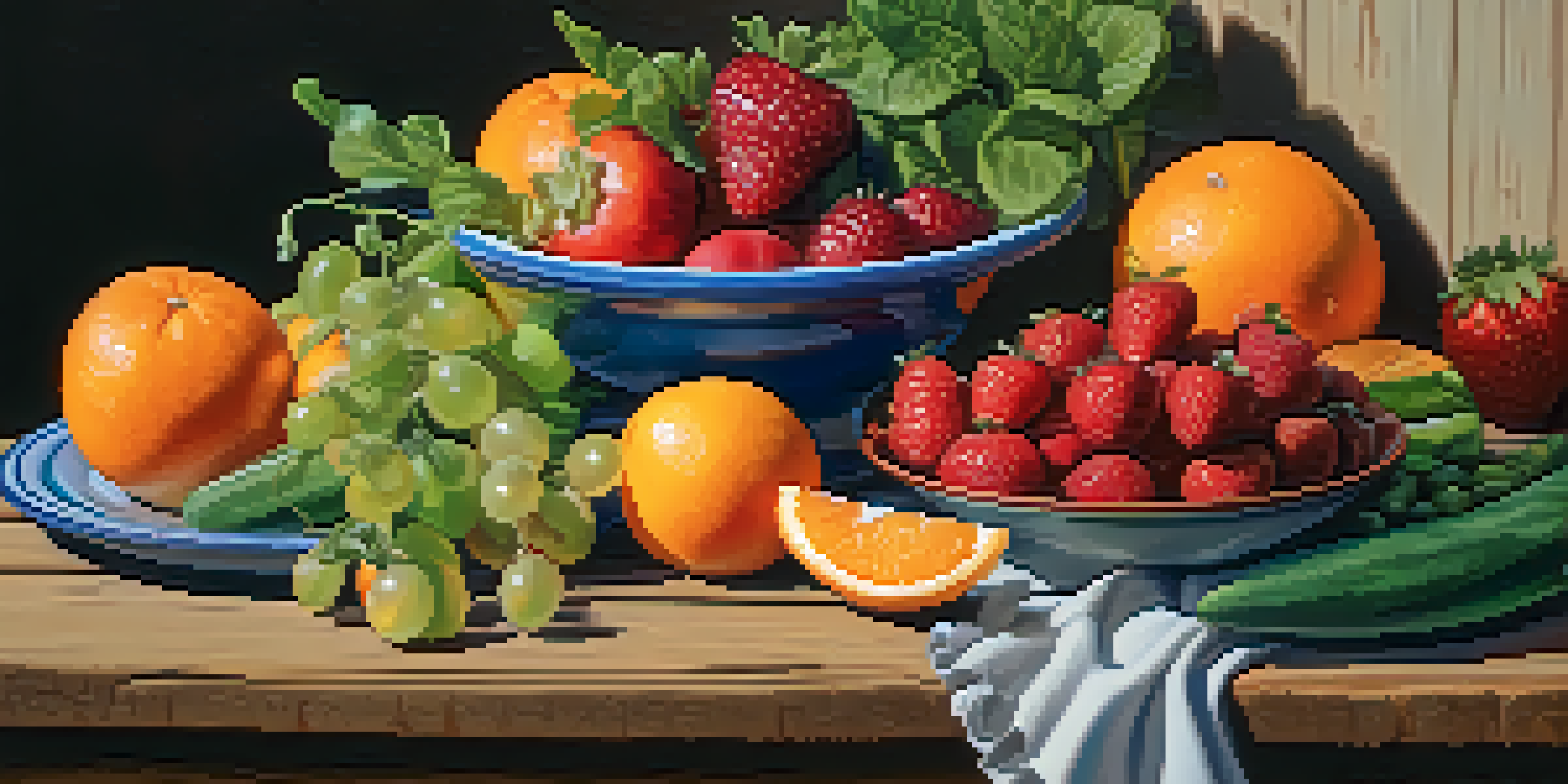A colorful assortment of fresh fruits and vegetables on a wooden table, illuminated by soft morning light.