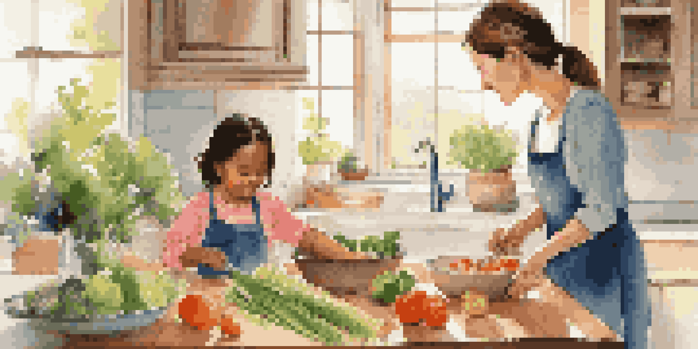 A mother and child cooking together in a bright, warm kitchen filled with fresh vegetables and a cutting board.