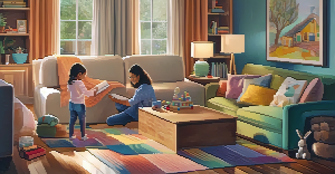 A parent and child happily playing together on the floor in a cozy living room, surrounded by colorful decorations and soft lighting.