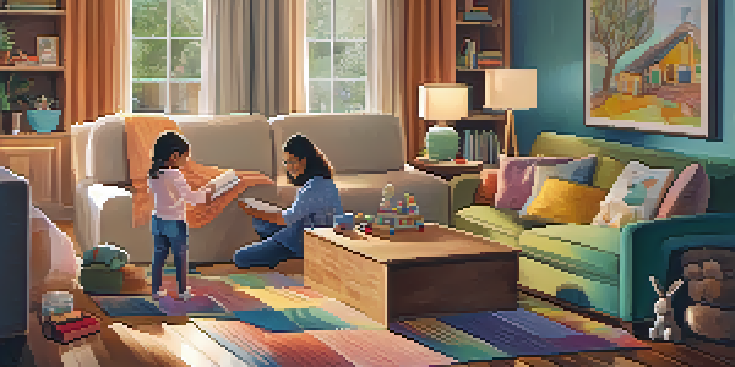A parent and child happily playing together on the floor in a cozy living room, surrounded by colorful decorations and soft lighting.
