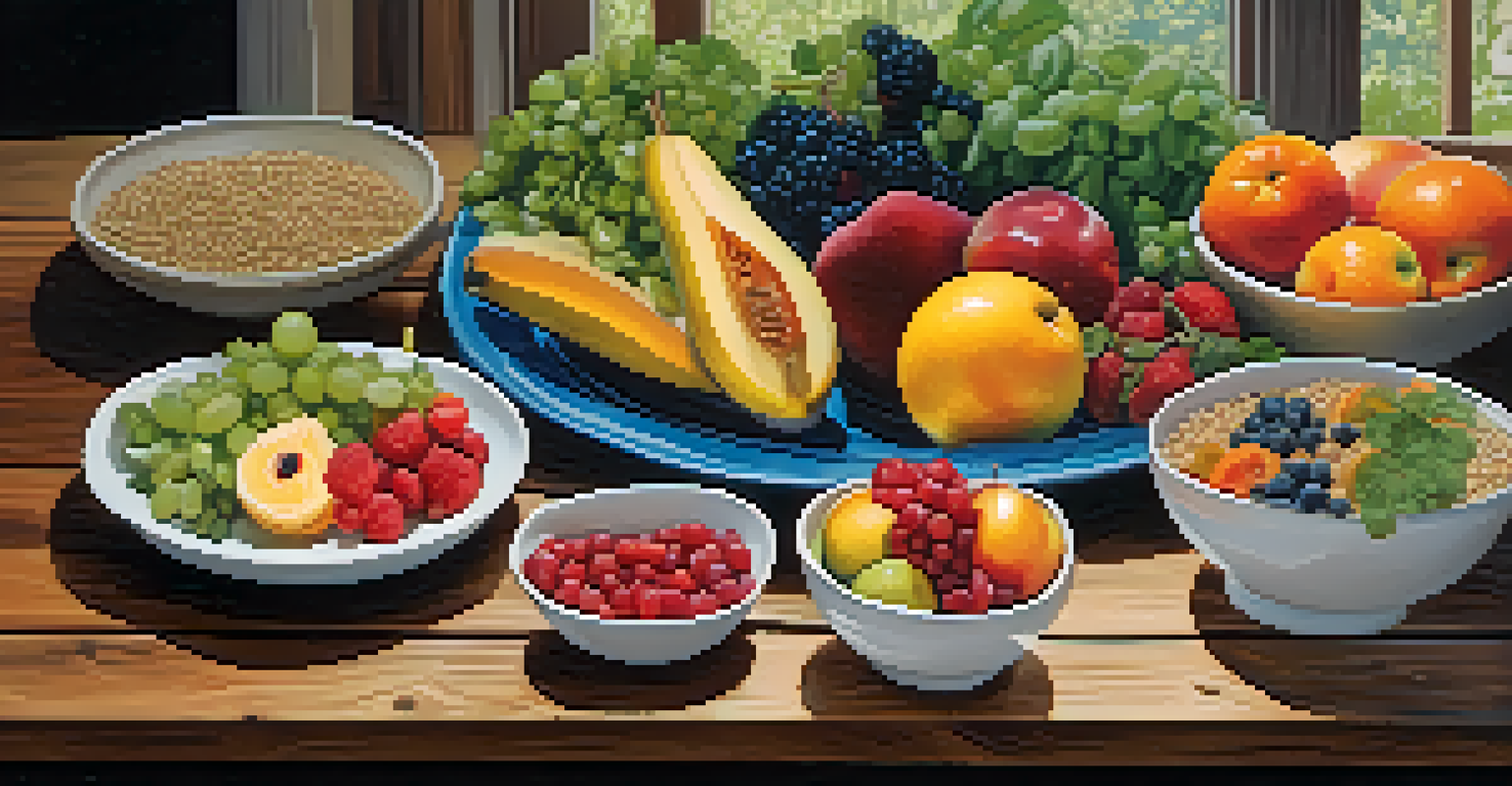 A balanced meal featuring colorful fruits, vegetables, whole grains, and lean proteins on a wooden table.