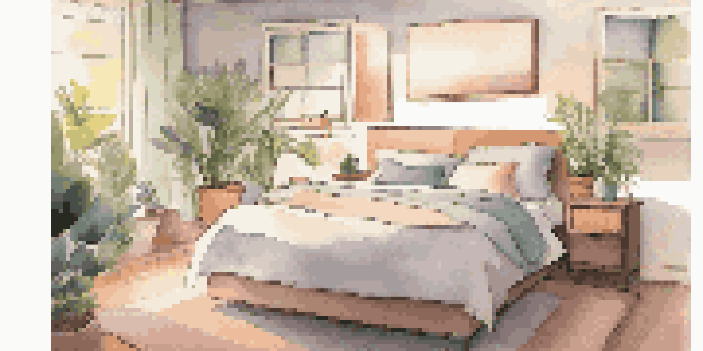 A cozy bedroom with a made bed, soft lighting, and blackout curtains, designed to promote restful sleep.