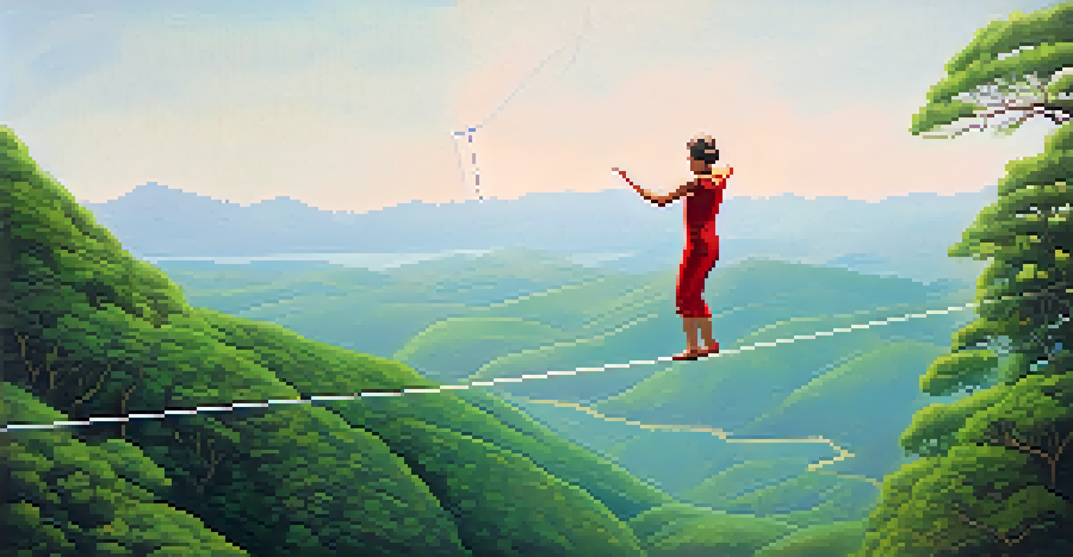 An abstract image of a tightrope walker balancing above a colorful landscape, symbolizing the importance of maintaining boundaries.