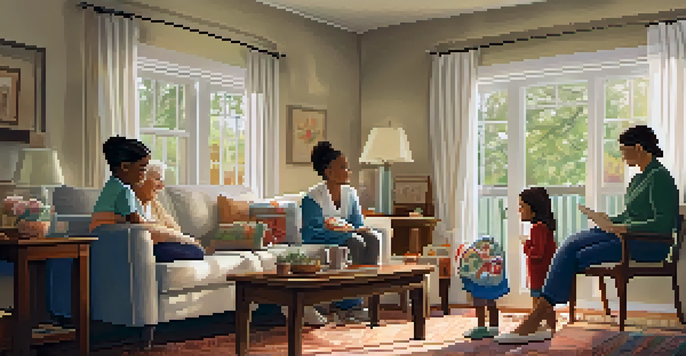 An elderly woman telling a story to her grandchildren in a cozy living room filled with natural light and family photos.
