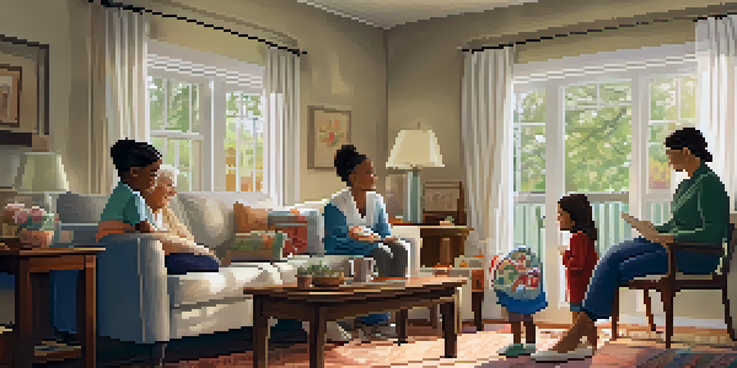An elderly woman telling a story to her grandchildren in a cozy living room filled with natural light and family photos.