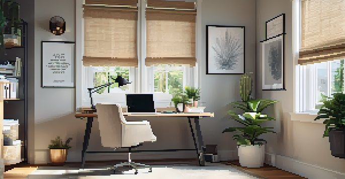 A well-lit home office with an ergonomic chair, a sleek desk, and natural light from a window. The desk is organized with a laptop, notepad, and a small plant, surrounded by inspirational artwork.