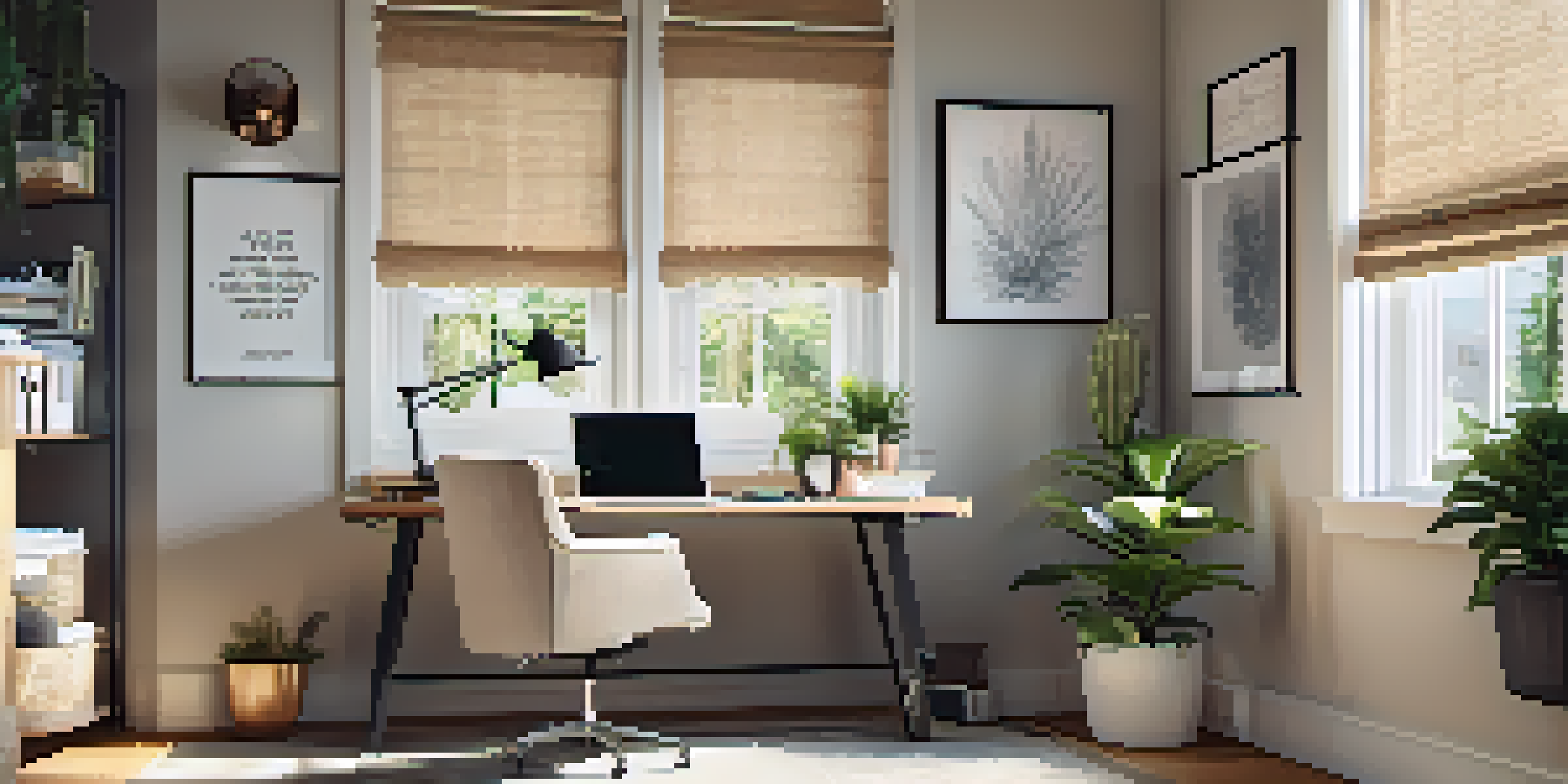 A well-lit home office with an ergonomic chair, a sleek desk, and natural light from a window. The desk is organized with a laptop, notepad, and a small plant, surrounded by inspirational artwork.