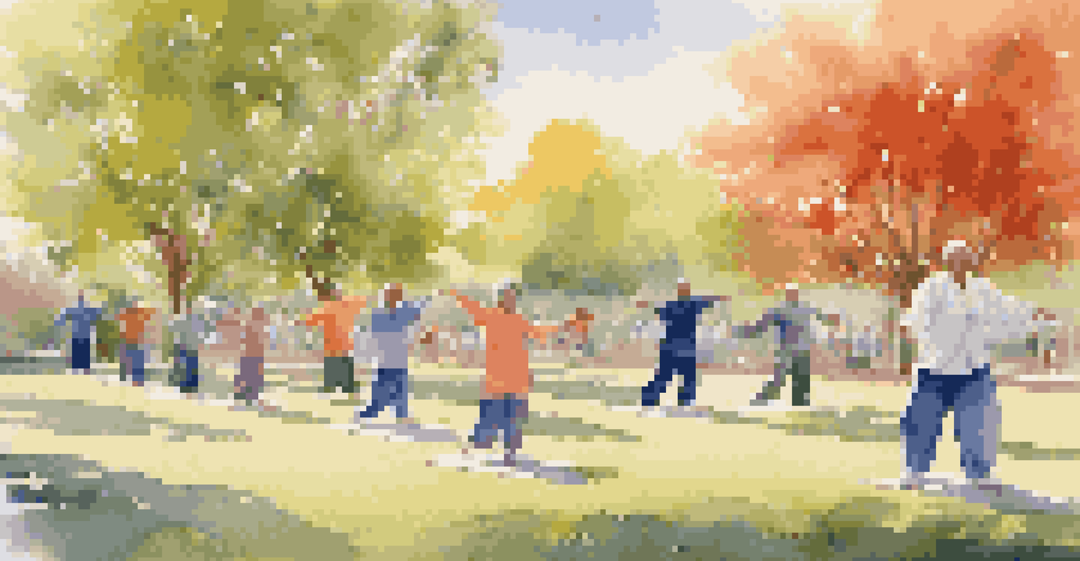 A group of people practicing tai chi in a park, surrounded by trees and flowers, moving gracefully in unison.