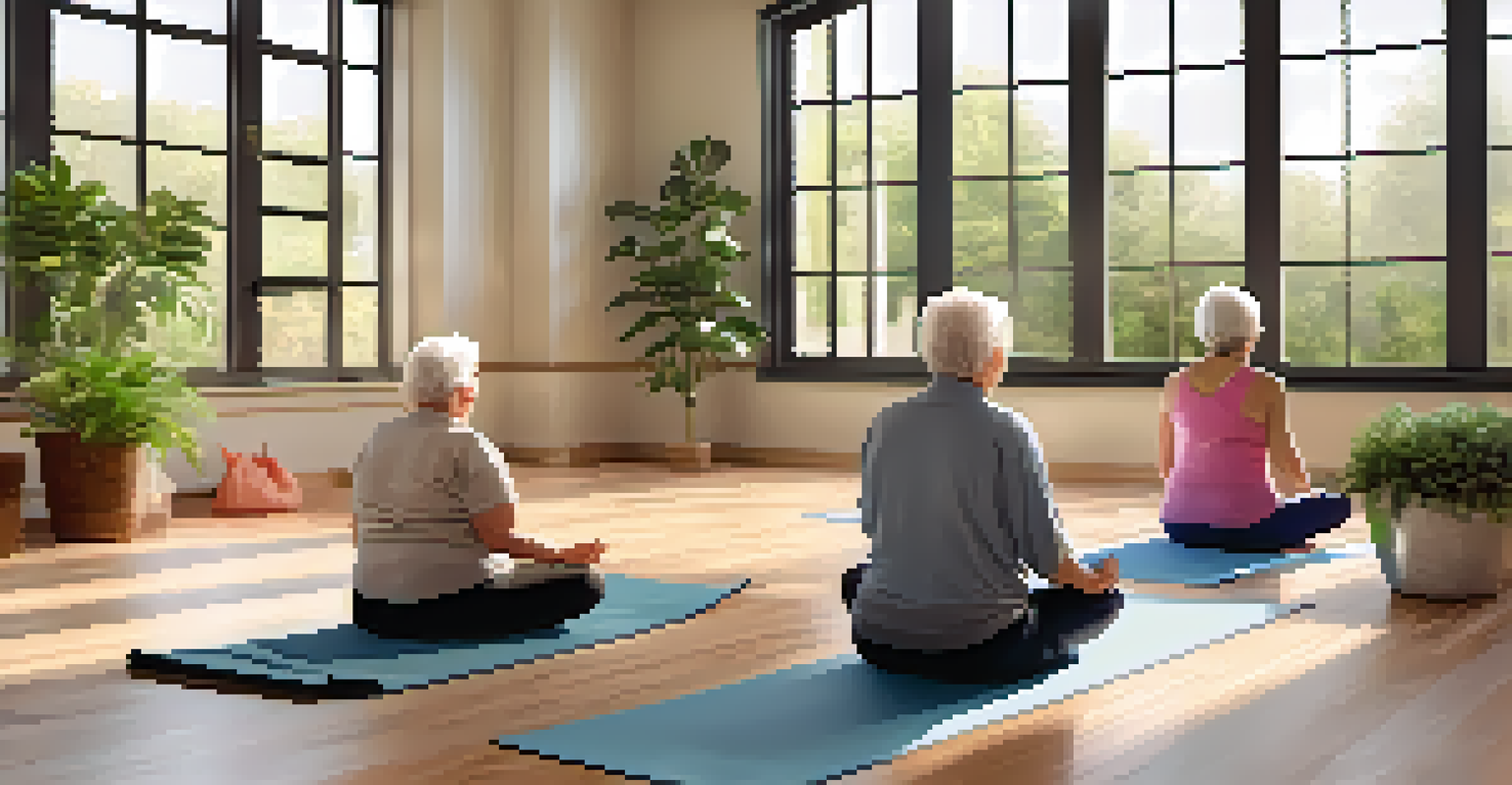Seniors practicing yoga in a bright indoor space, with mats on the floor and a supportive instructor guiding them.
