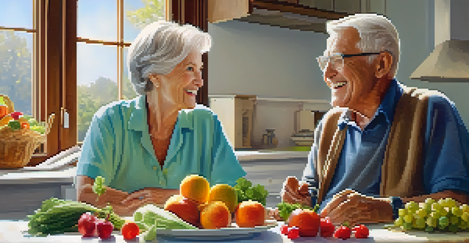 An elderly couple discussing health results with a healthcare provider at a kitchen table filled with fruits and vegetables.