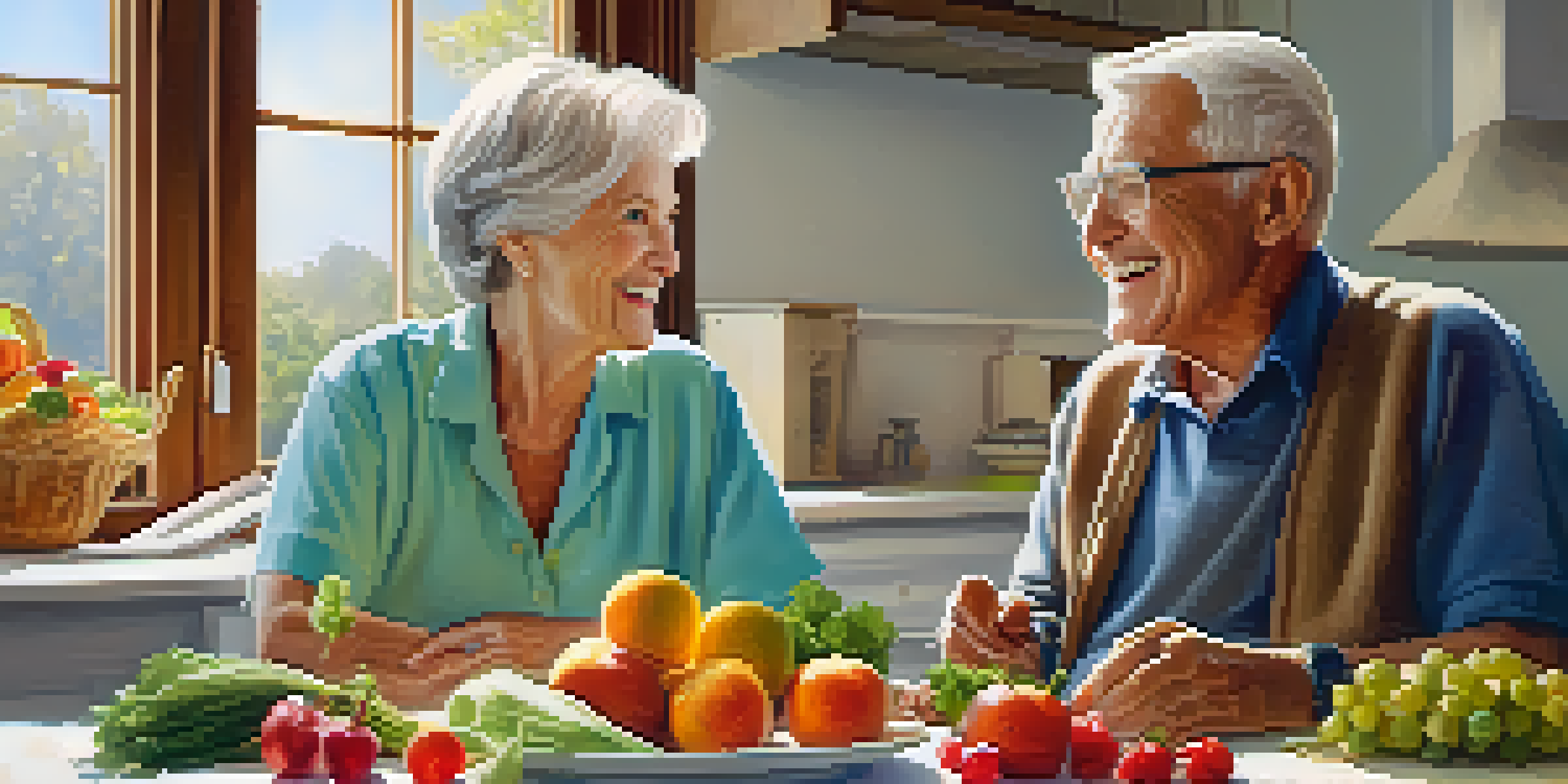 An elderly couple discussing health results with a healthcare provider at a kitchen table filled with fruits and vegetables.