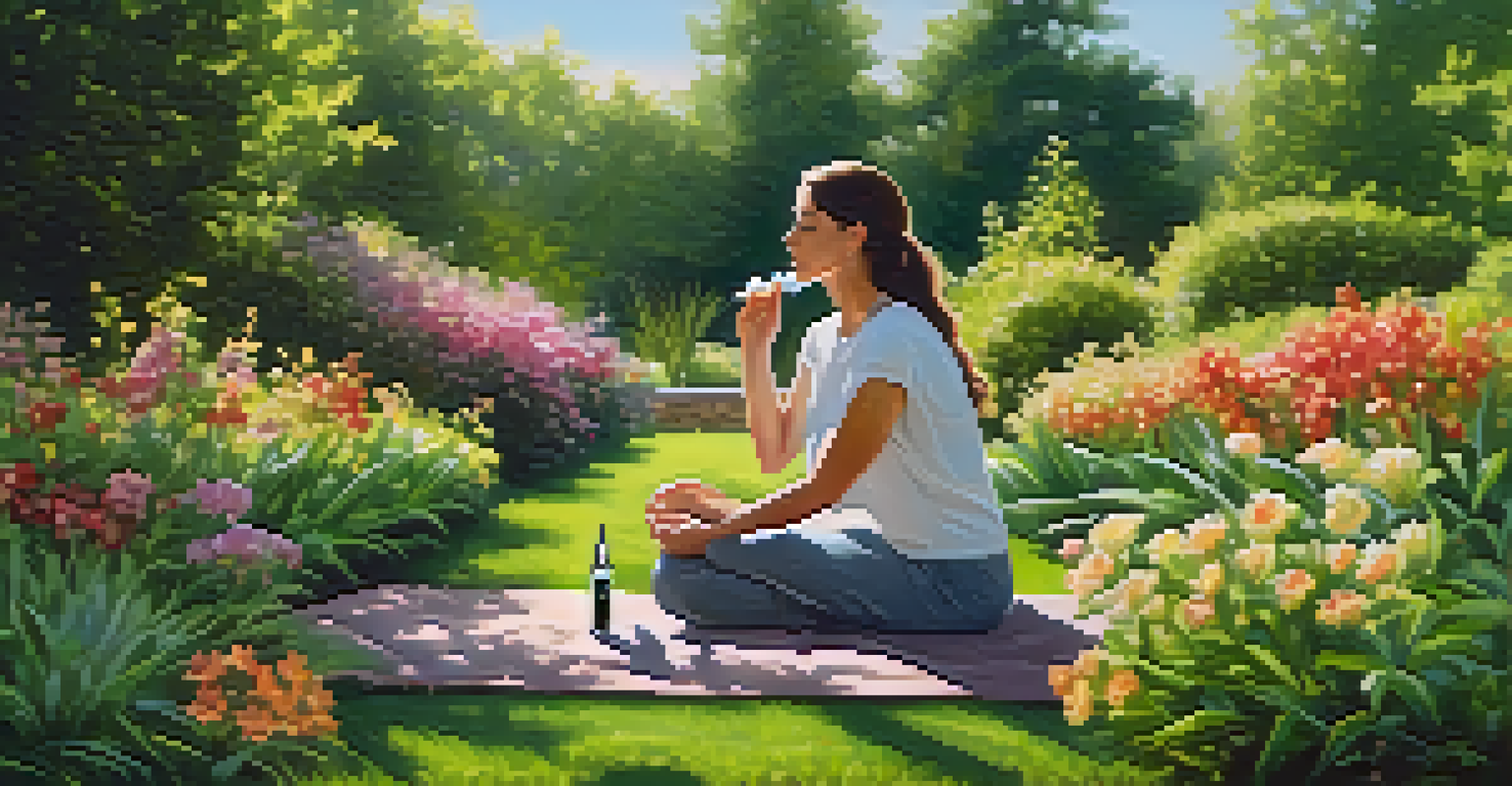 A person practicing mindfulness in a garden, using an essential oil roller surrounded by colorful flowers.