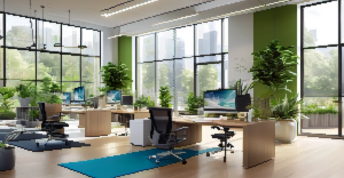 A bright and airy office with ergonomic workstations and employees practicing yoga and meditation, surrounded by plants.