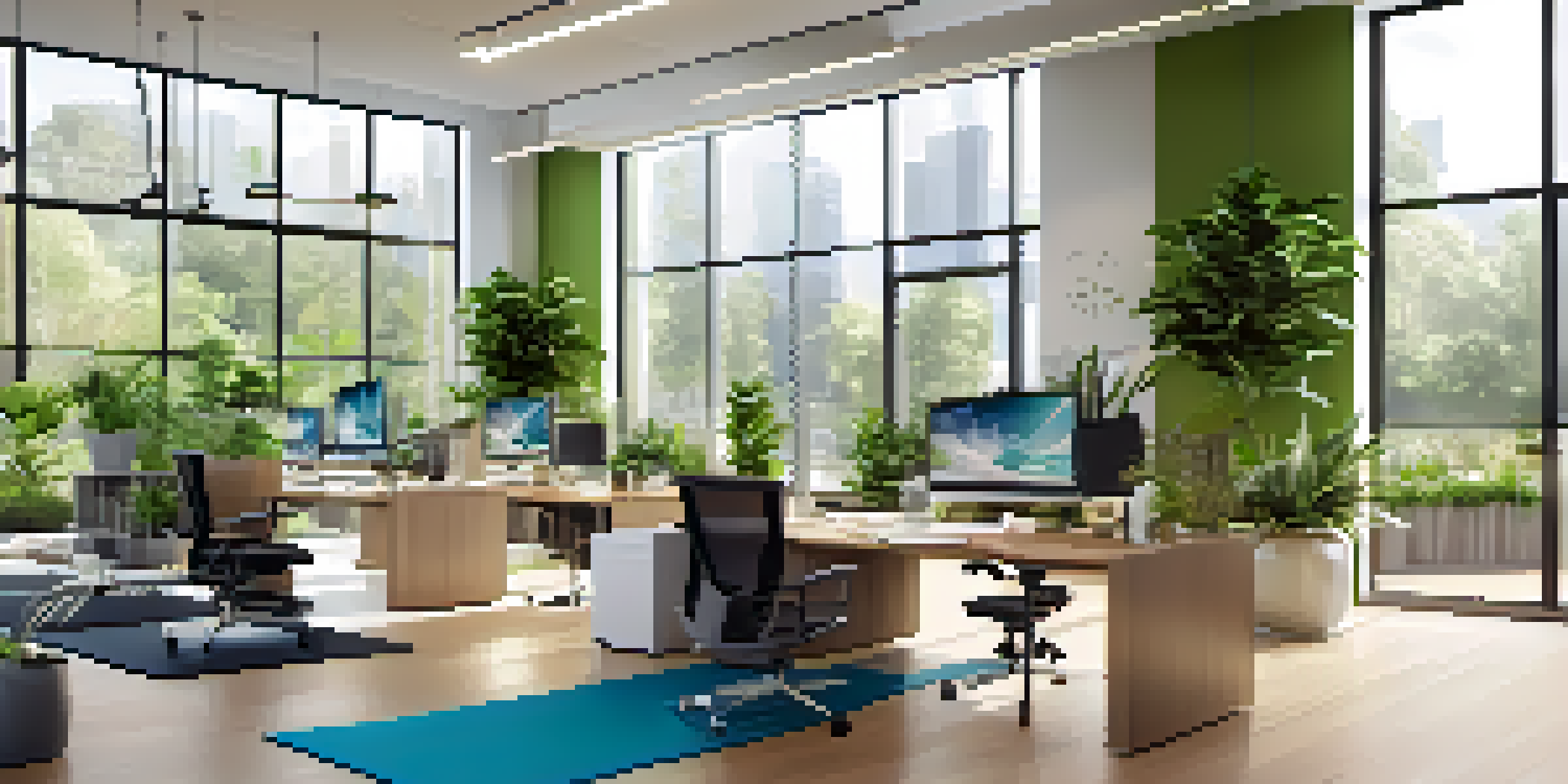 A bright and airy office with ergonomic workstations and employees practicing yoga and meditation, surrounded by plants.