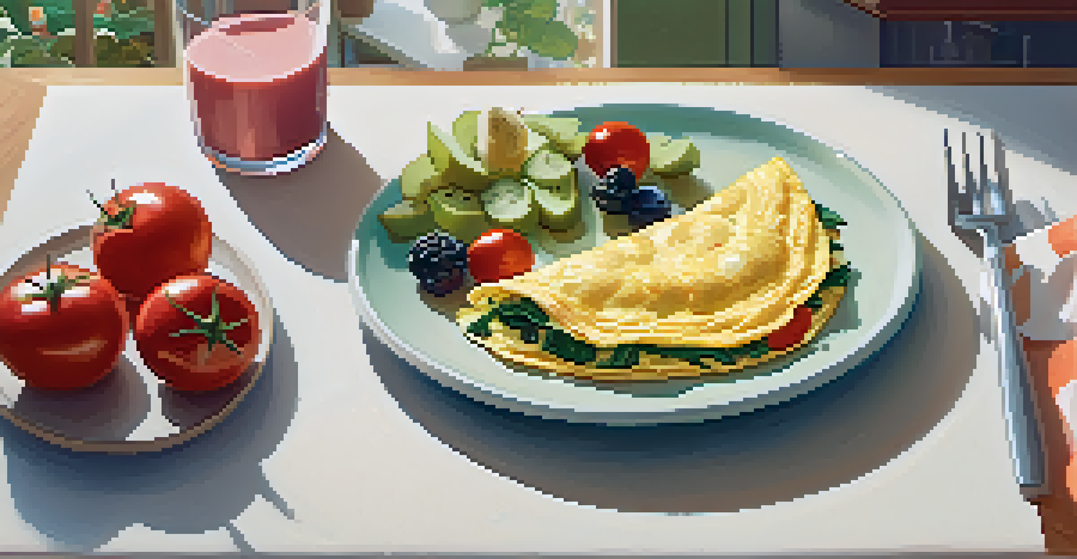 An overhead view of a breakfast spread including an omelet, fresh fruit, and a smoothie in a bright kitchen.