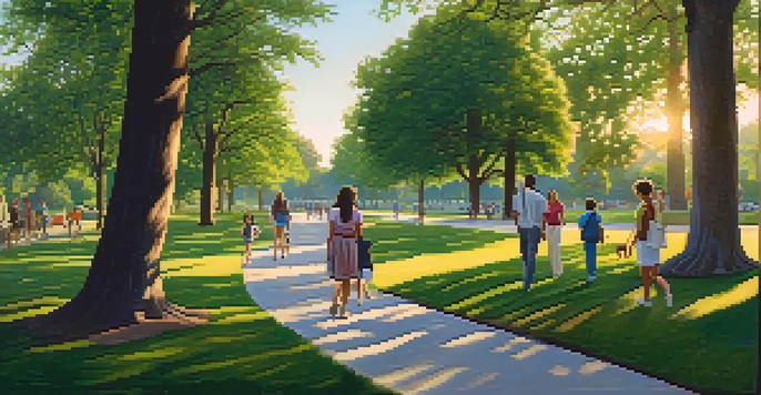 A peaceful park with people walking on a path, surrounded by trees and sunlight.