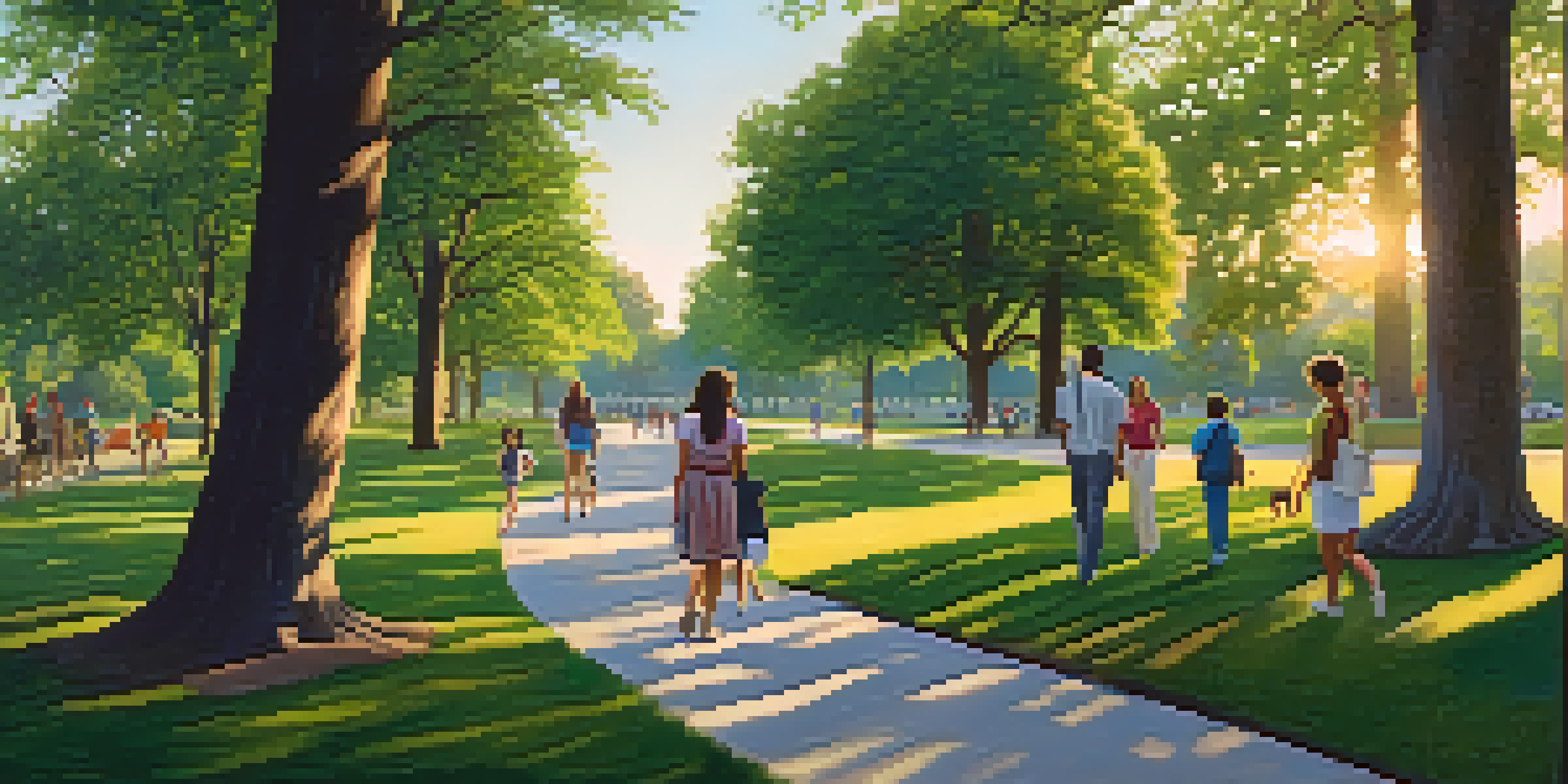 A peaceful park with people walking on a path, surrounded by trees and sunlight.