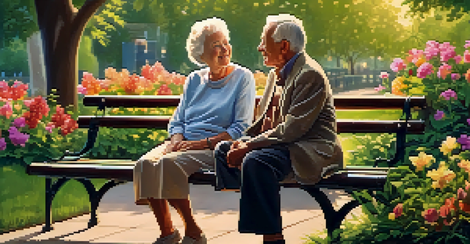 An elderly couple sitting on a park bench, enjoying each other's company amidst a beautiful garden.