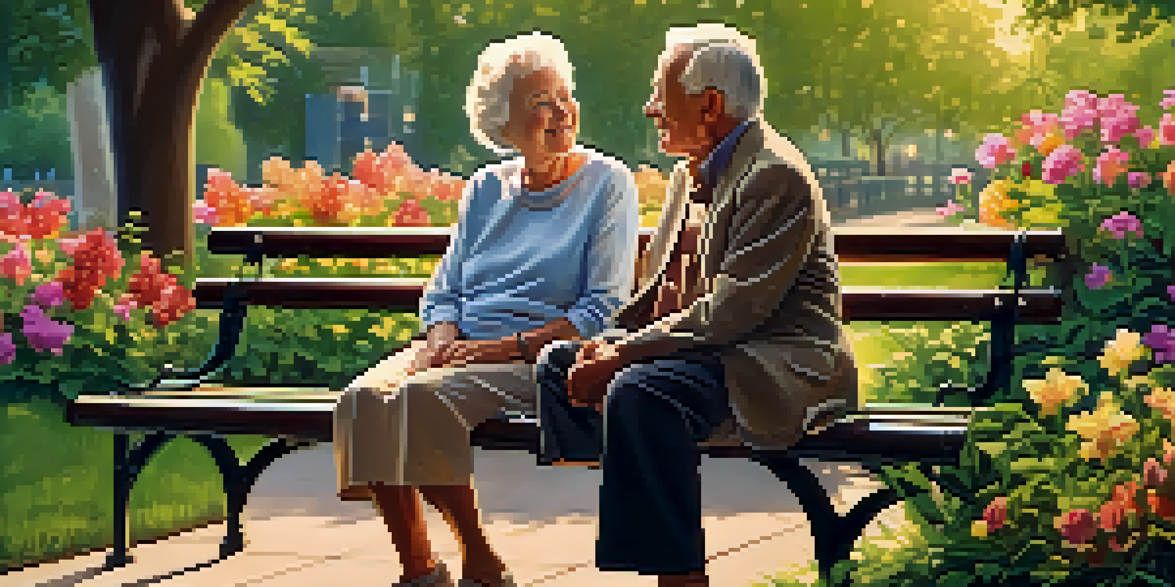 An elderly couple sitting on a park bench, enjoying each other's company amidst a beautiful garden.