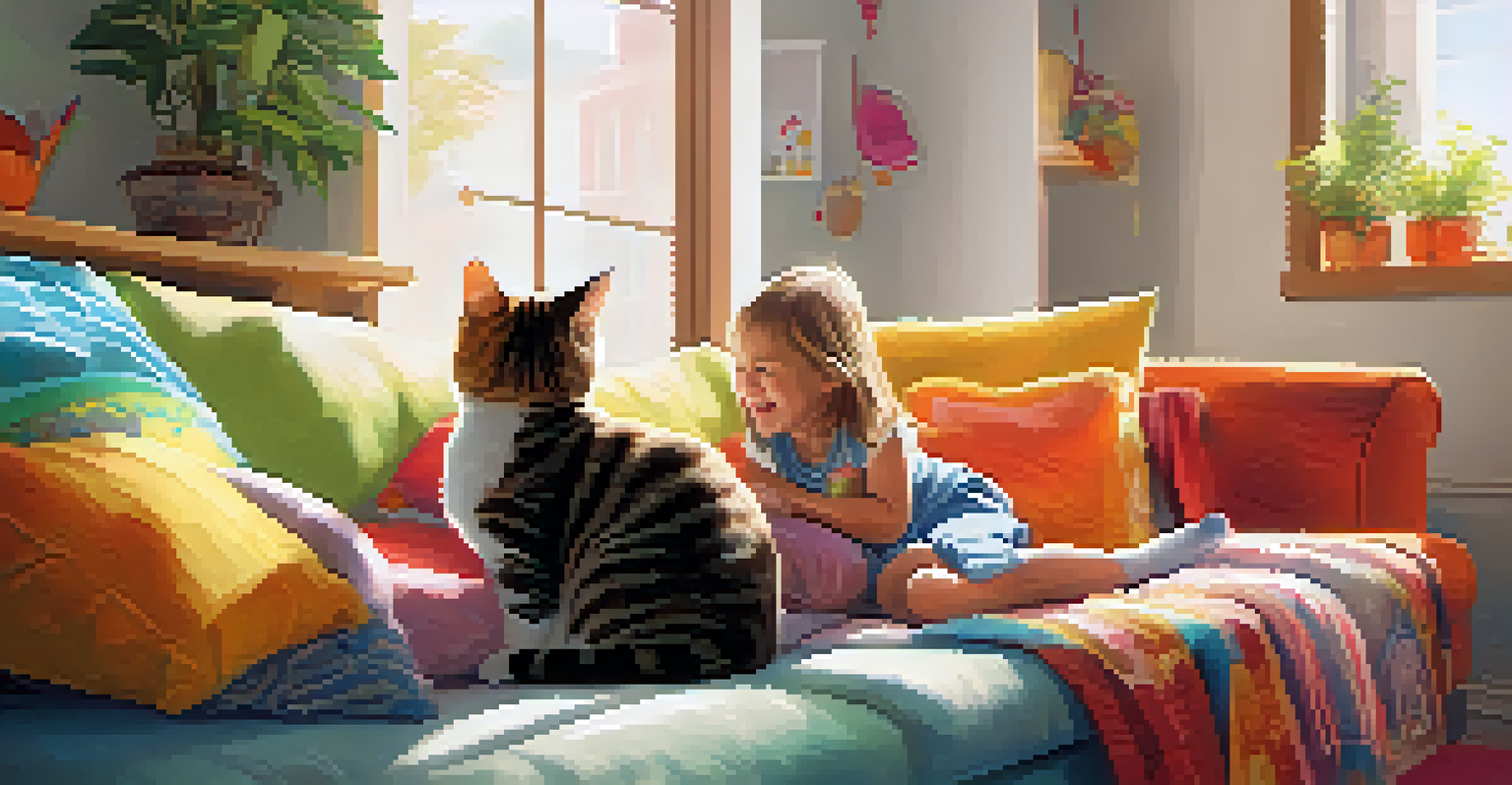 A child laughs while cuddling a therapy cat on a colorful couch in a bright room.