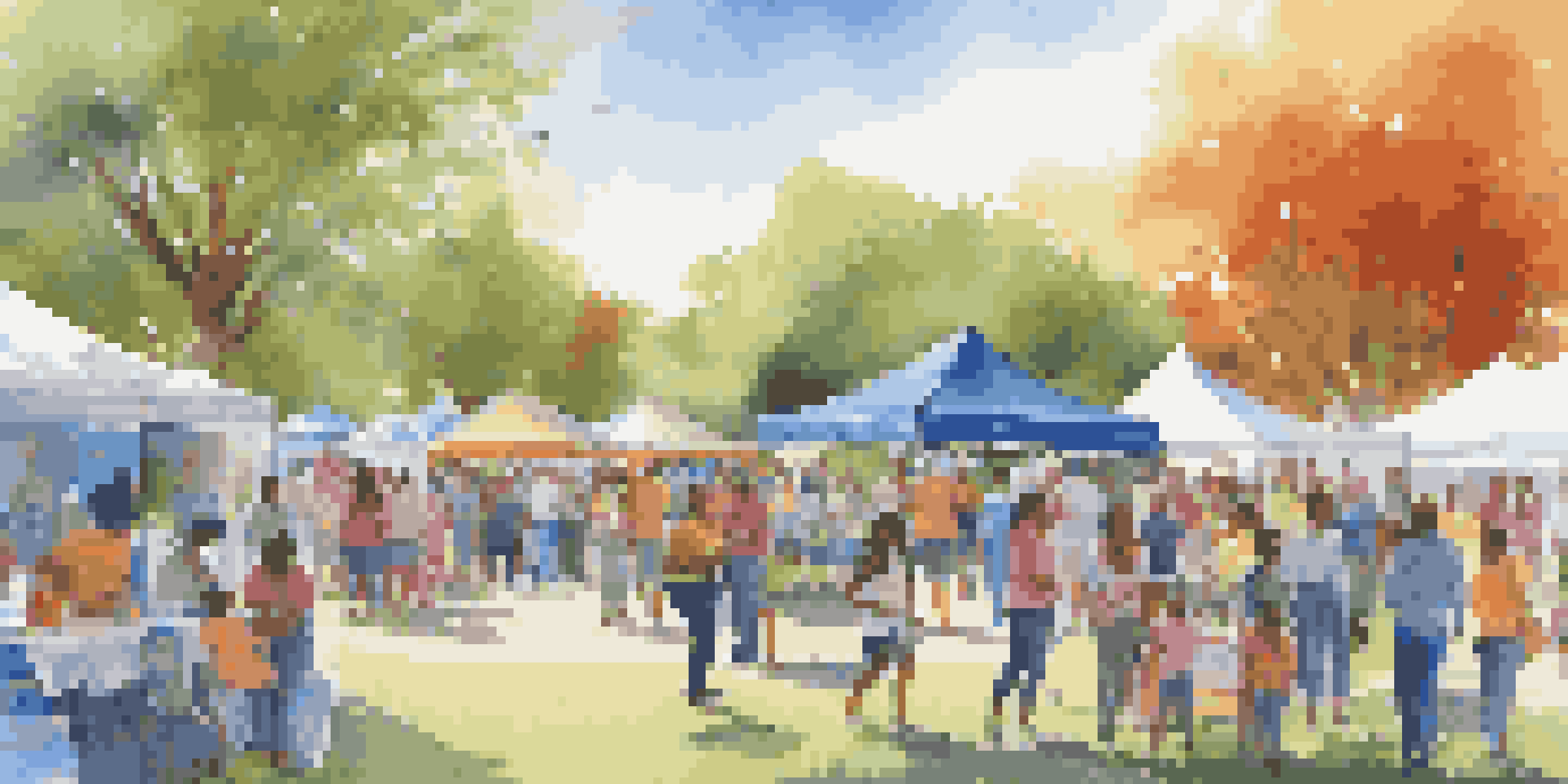 A community health fair featuring diverse families and healthcare professionals interacting in a park setting, with colorful banners and booths.