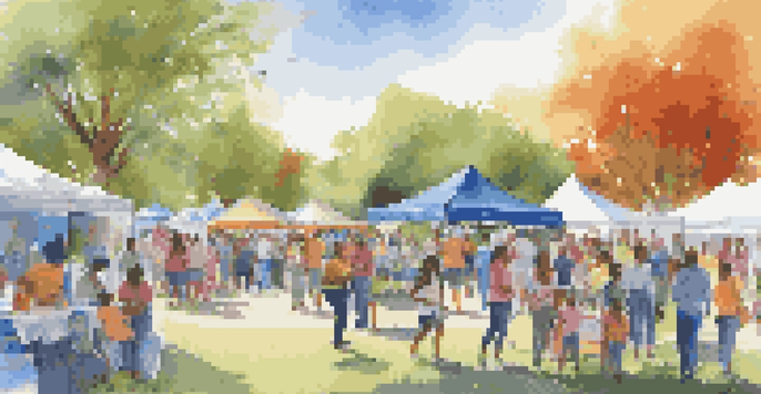 A community health fair featuring diverse families and healthcare professionals interacting in a park setting, with colorful banners and booths.