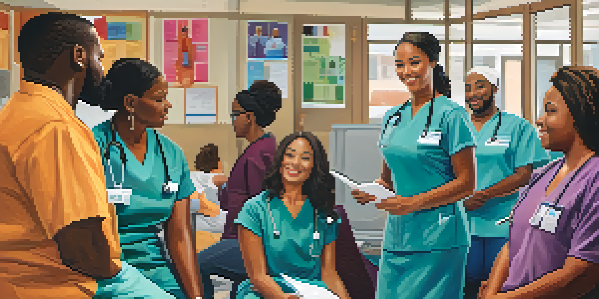 A diverse group of healthcare workers in a community health center discussing healthcare strategies, with a bright and welcoming atmosphere.