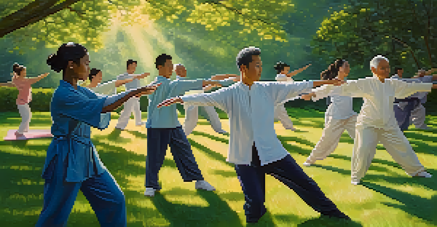 A group of diverse people practicing tai chi in a sunny park surrounded by greenery and flowers.
