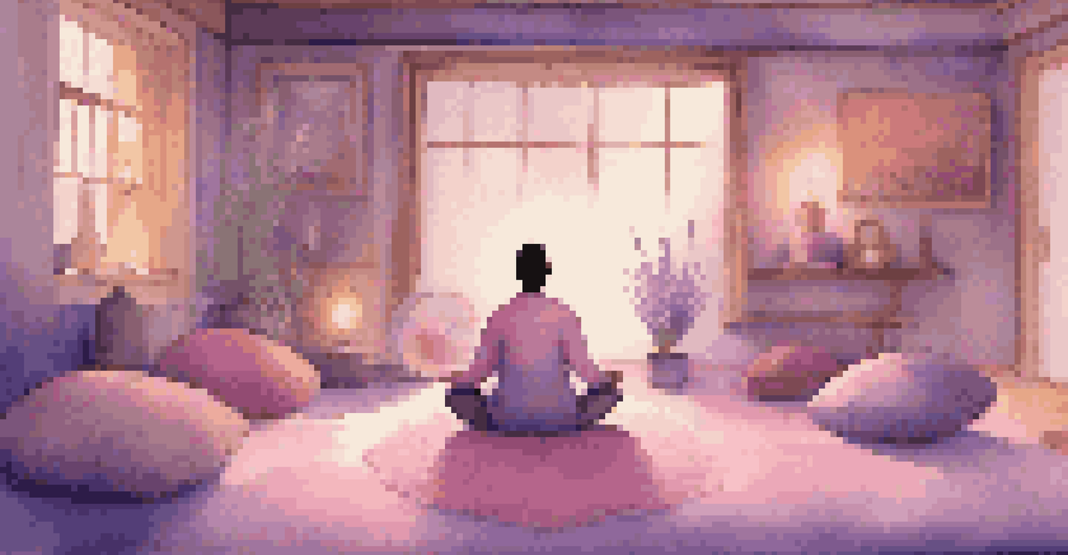 A meditation space with colored light bulbs and a person meditating on cushions in calming lavender and pink hues.