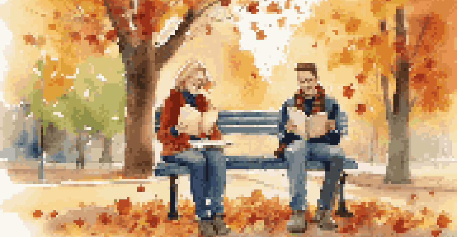 Two friends laughing on a park bench with a gratitude journal, surrounded by autumn leaves and sunlight.