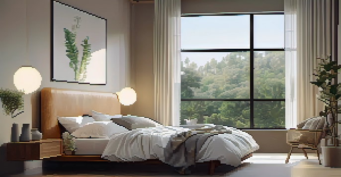 A peaceful and organized bedroom with a comfortable bed, warm lighting, and calming decor to promote restful sleep.