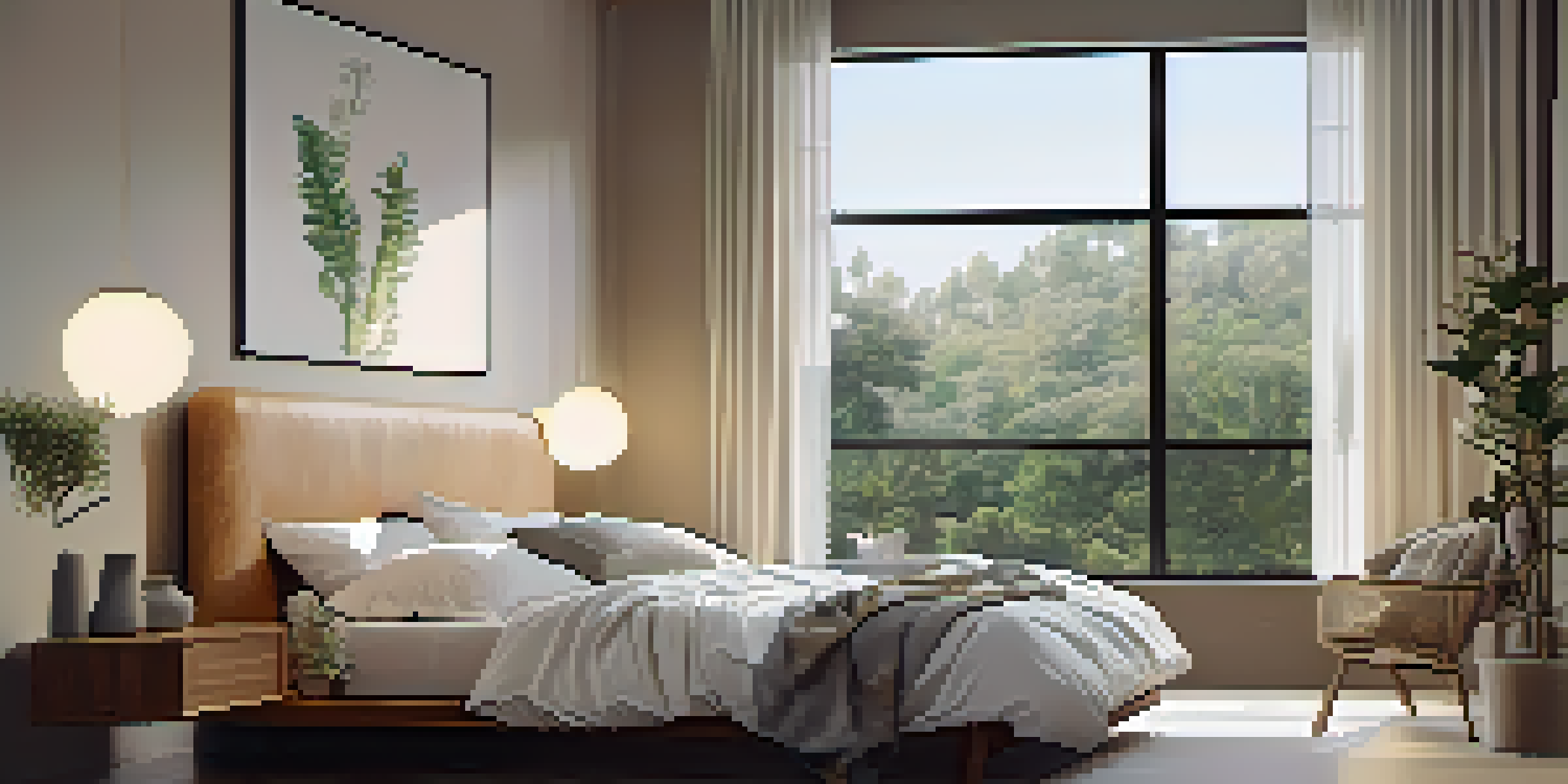 A peaceful and organized bedroom with a comfortable bed, warm lighting, and calming decor to promote restful sleep.
