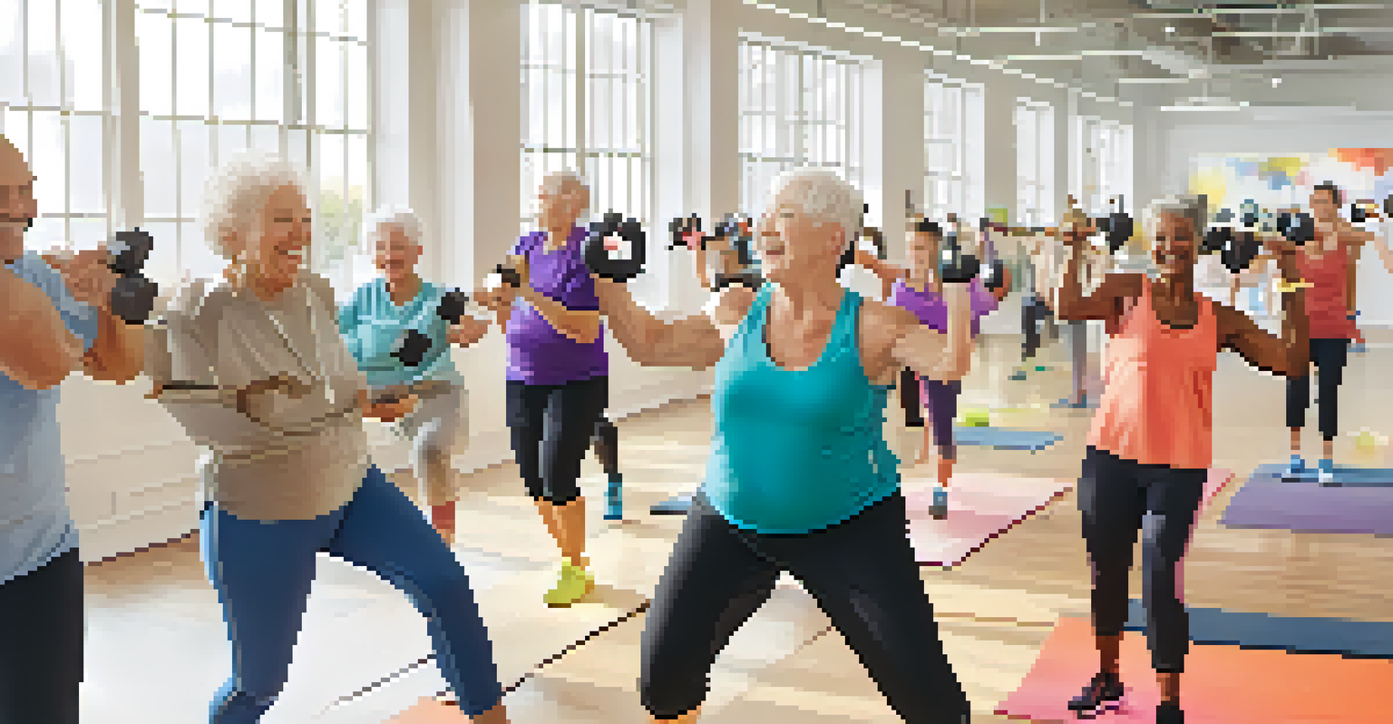 A diverse group of older adults enjoying a strength training fitness class in a bright studio.