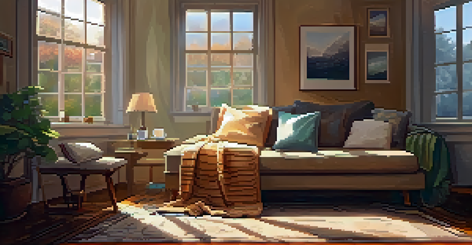 A cozy living room with a person journaling on a couch, soft pillows, rain outside, and a cup of tea on a side table.