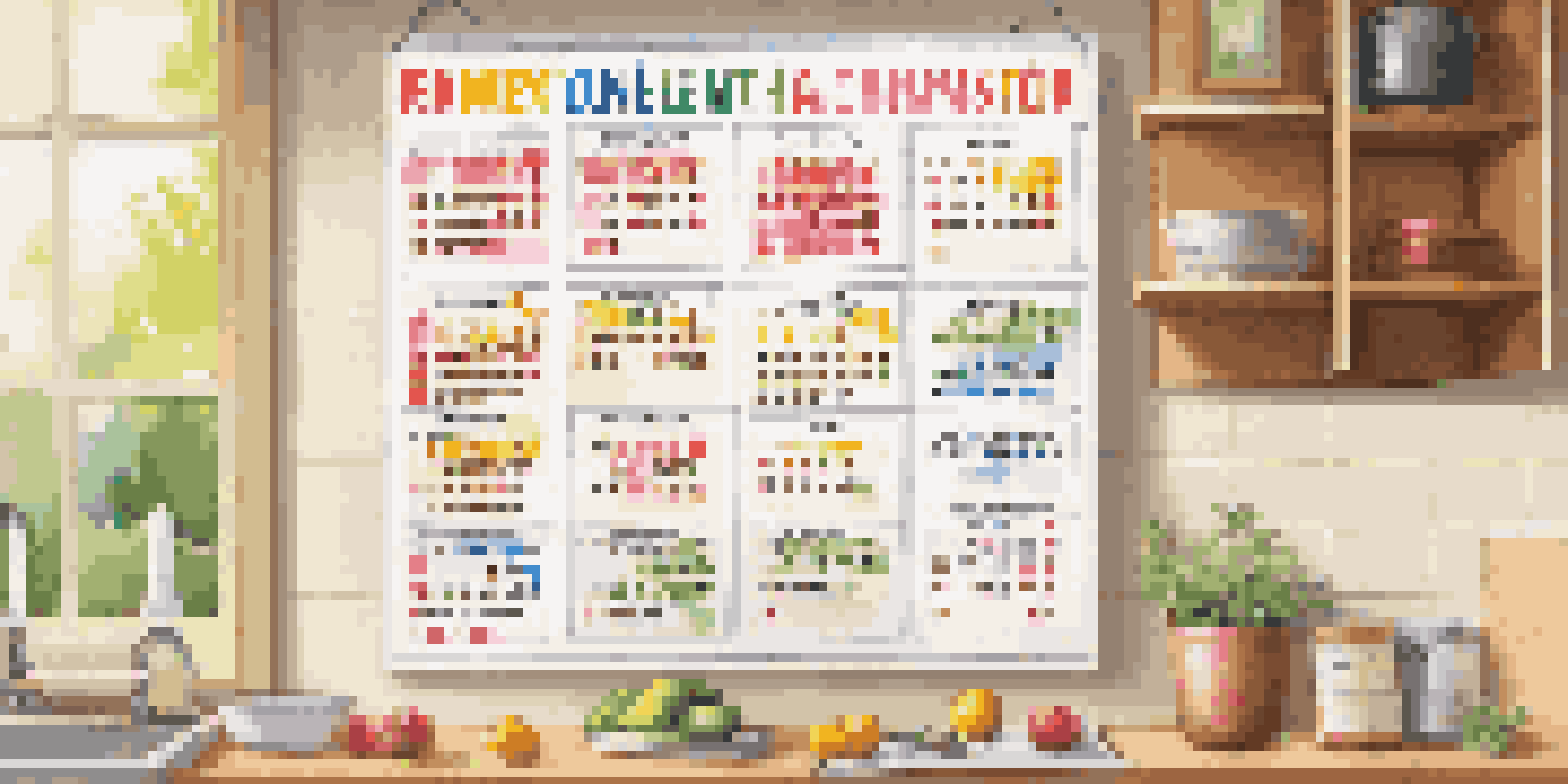 A family health calendar on a kitchen wall with colorful stickers indicating health appointments, surrounded by a cozy kitchen ambiance.