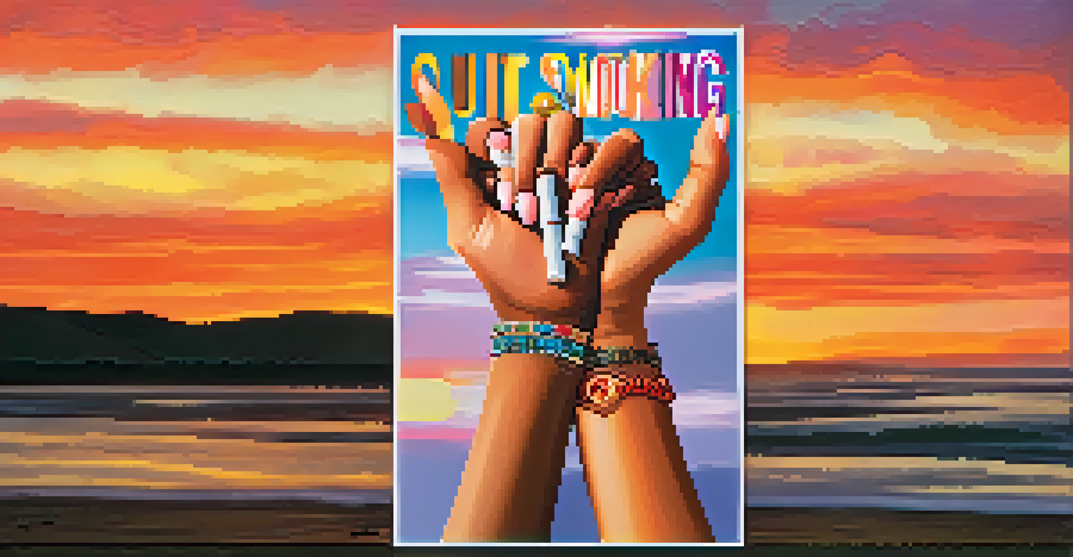 A hand holding a motivational poster about quitting smoking against a beautiful sunset backdrop.