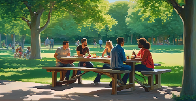 A diverse group of people having a supportive conversation in a sunny park, surrounded by greenery and flowers.