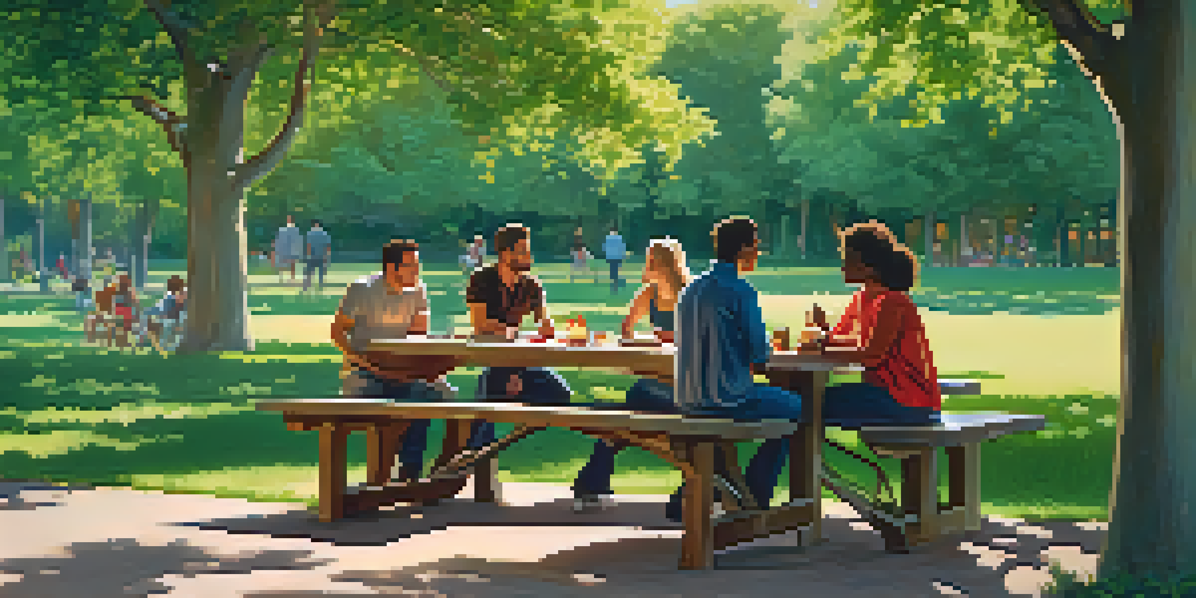 A diverse group of people having a supportive conversation in a sunny park, surrounded by greenery and flowers.
