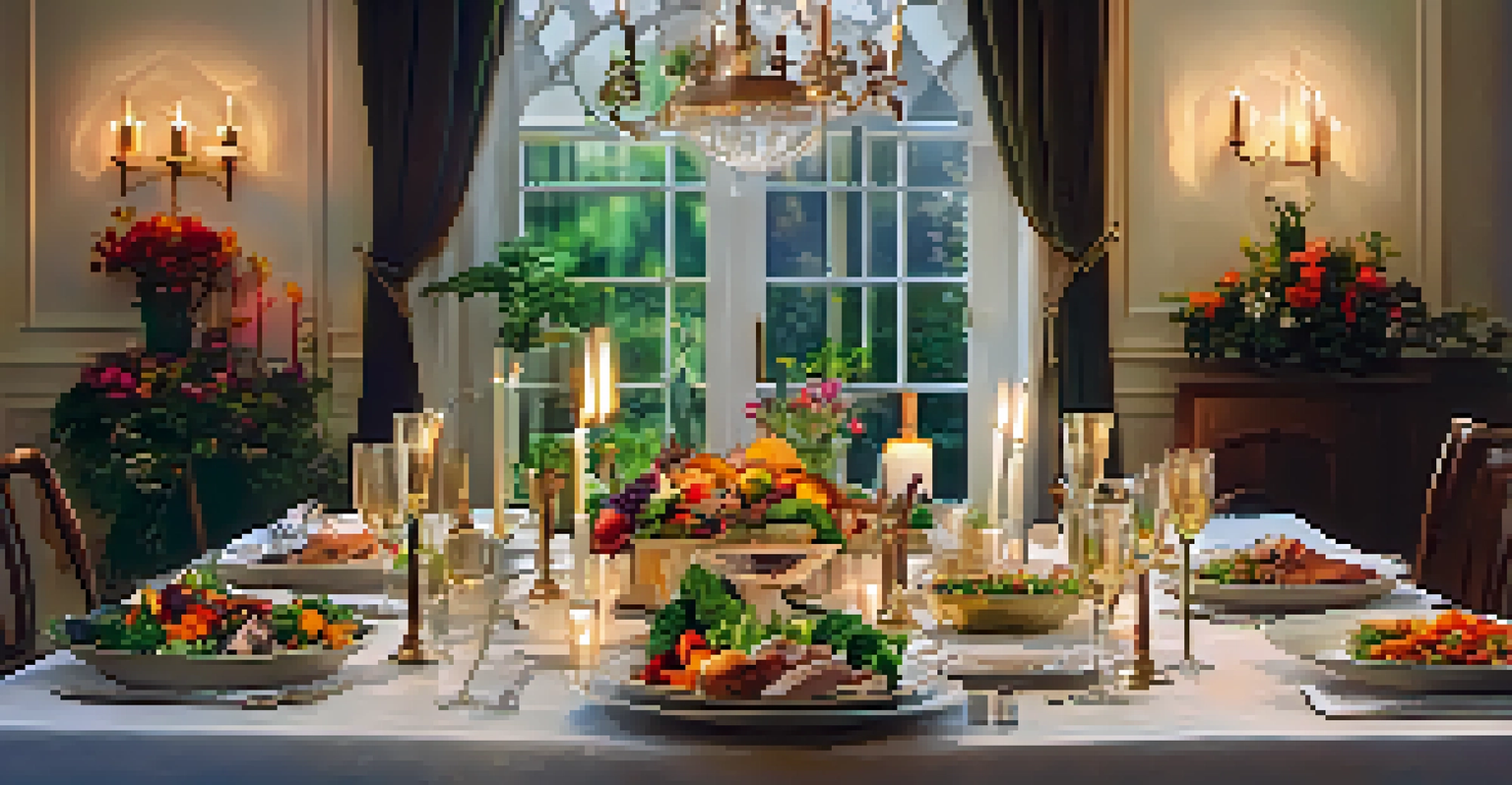 A beautifully set dining table with plates of fresh, low-histamine foods and a cozy atmosphere created by soft lighting.