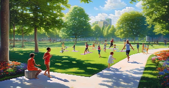 A diverse group of people exercising in a sunny park, including a woman doing yoga, a man jogging, and children playing frisbee.