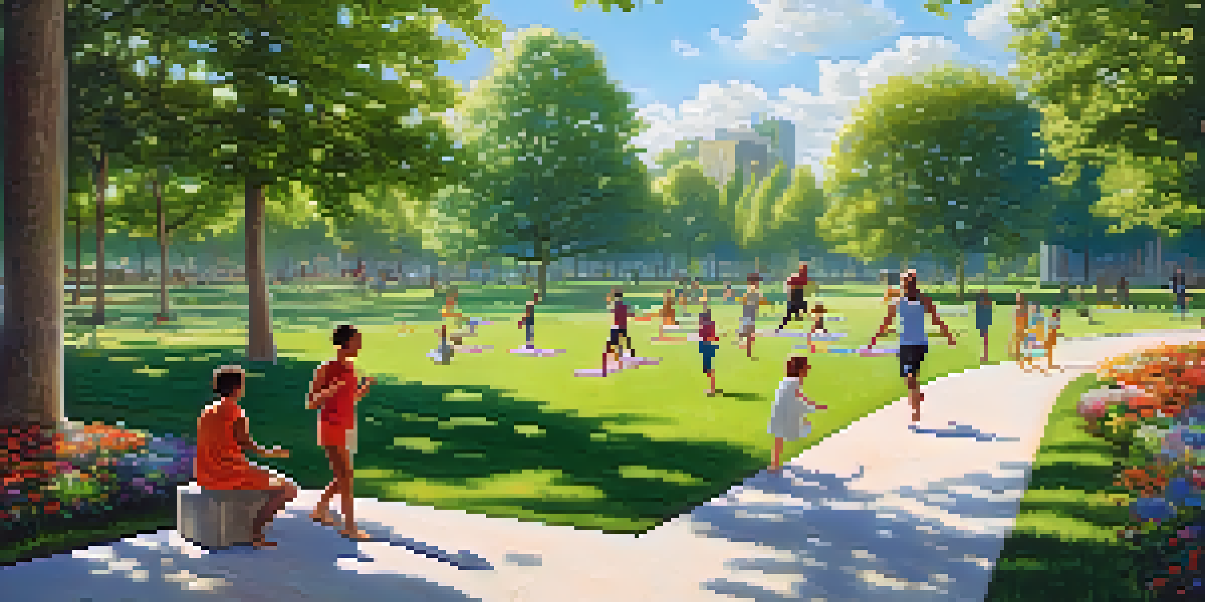 A diverse group of people exercising in a sunny park, including a woman doing yoga, a man jogging, and children playing frisbee.